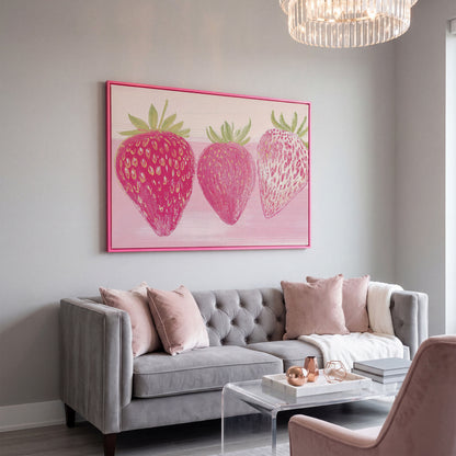 Whimsical Strawberry Canvas Print for Modern Kitchen in pink floating frame