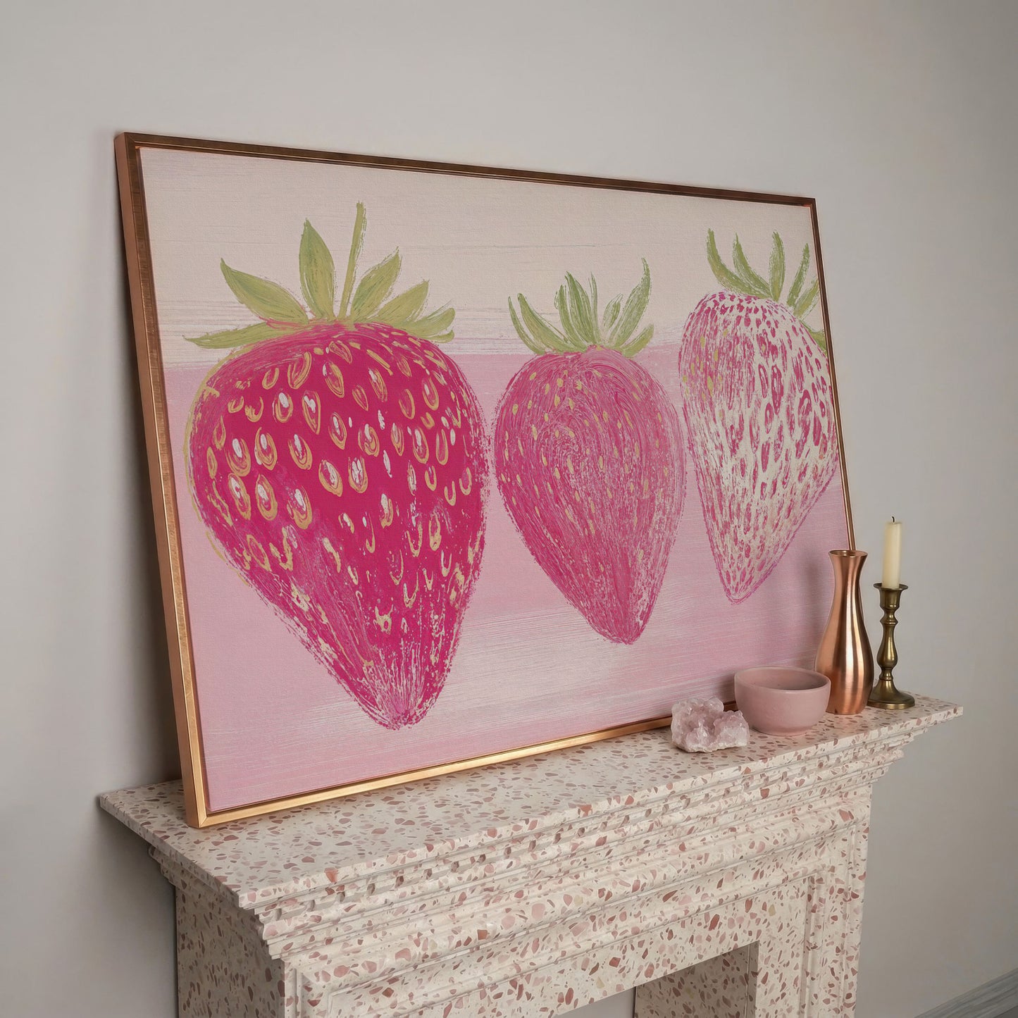 Whimsical Strawberry Canvas Print for Modern Kitchen in rose gold floating frame