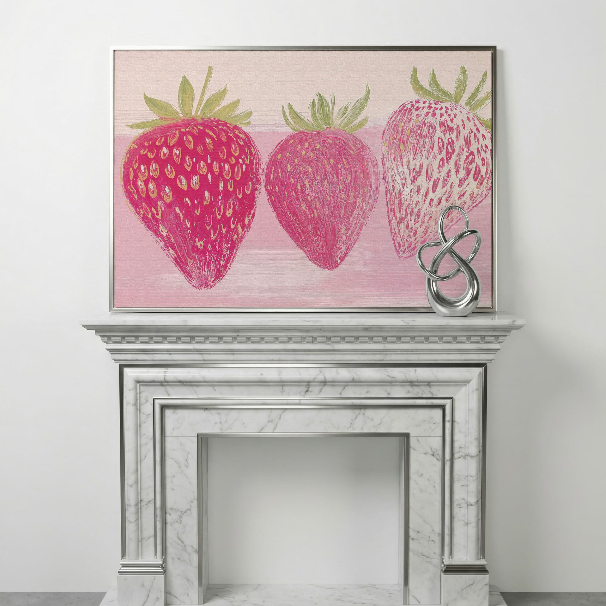 Whimsical Strawberry Canvas Print for Modern Kitchen in silver floating frame