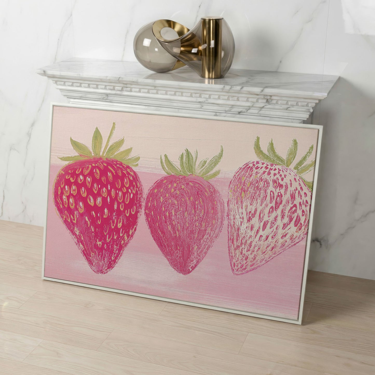 Whimsical Strawberry Canvas Print for Modern Kitchen in white floating frame