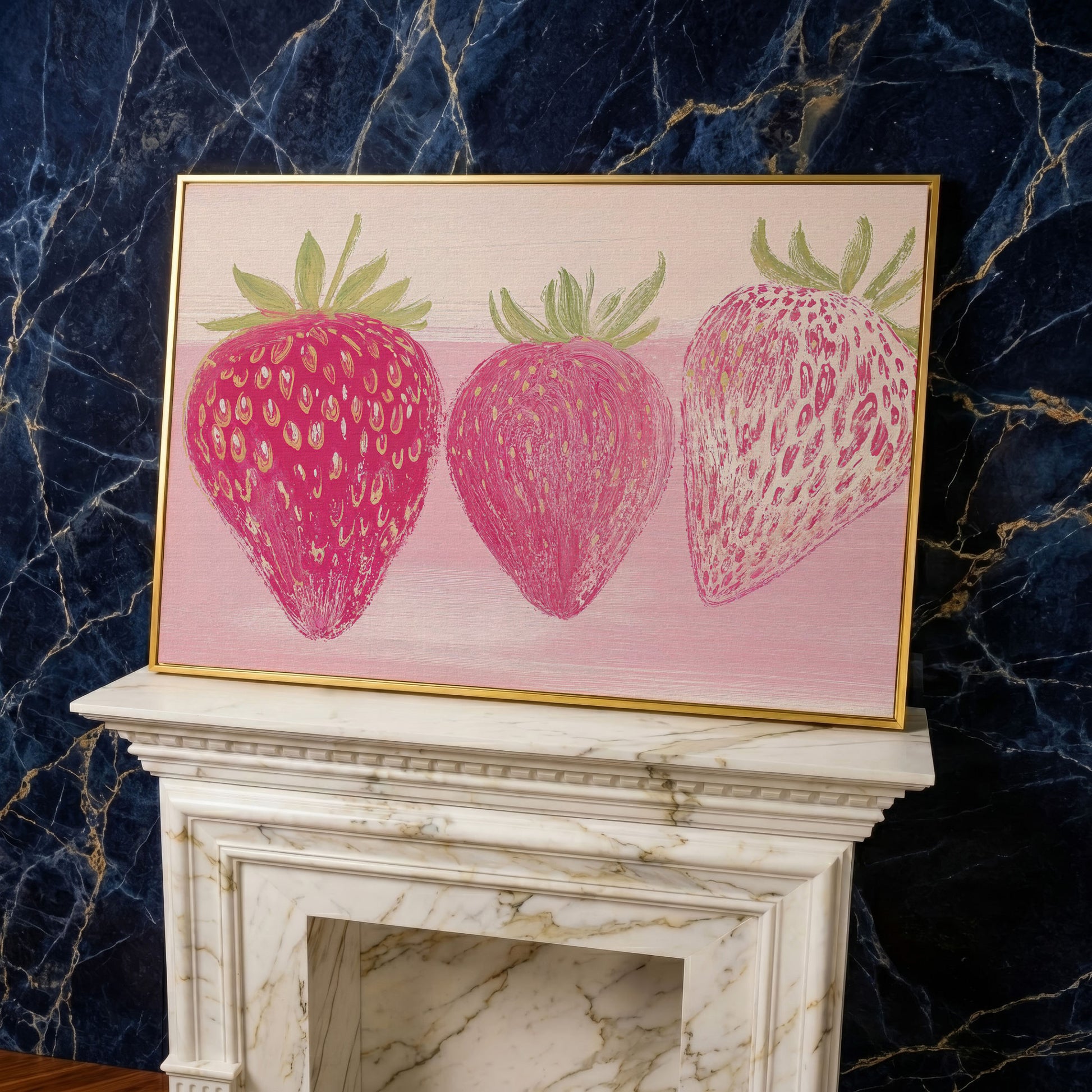 Whimsical Strawberry Canvas Print for Modern Kitchen in yellow gold floating frame