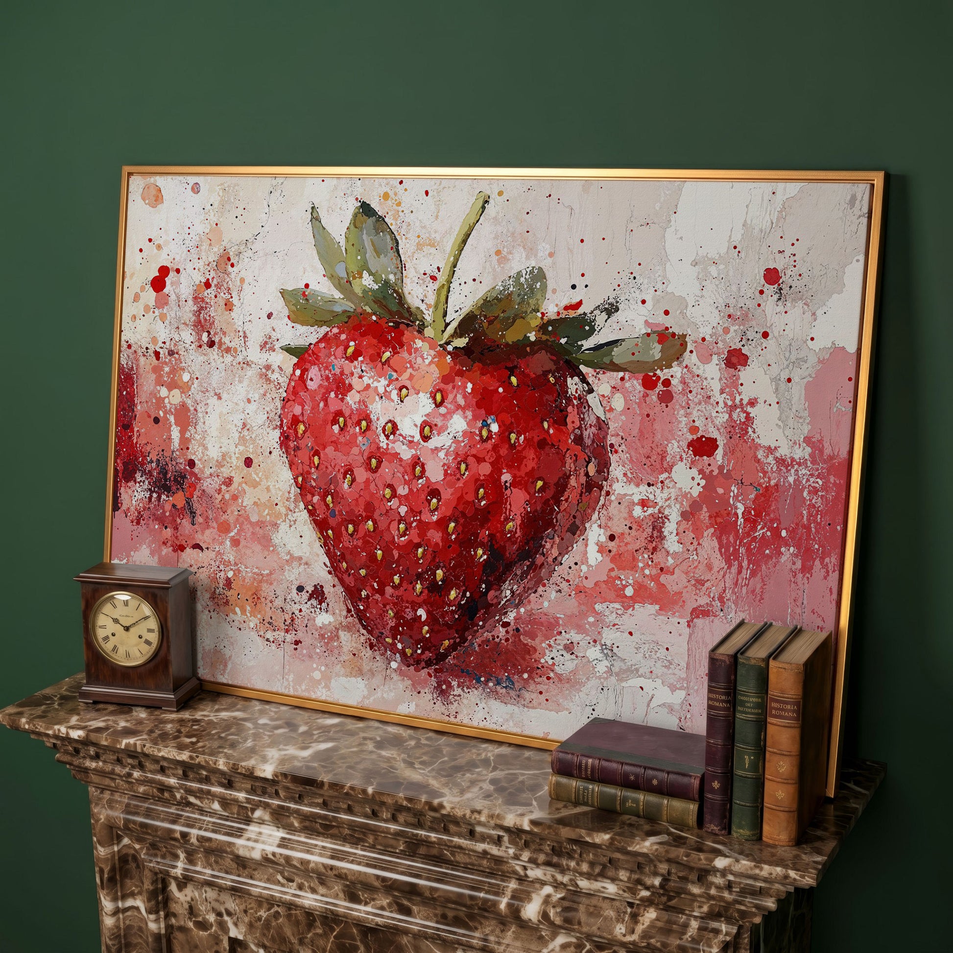 Strawberry Splatter Canvas Print for Kitchen Walls in antique gold floating frame