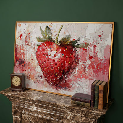 Strawberry Splatter Canvas Print for Kitchen Walls in antique gold floating frame