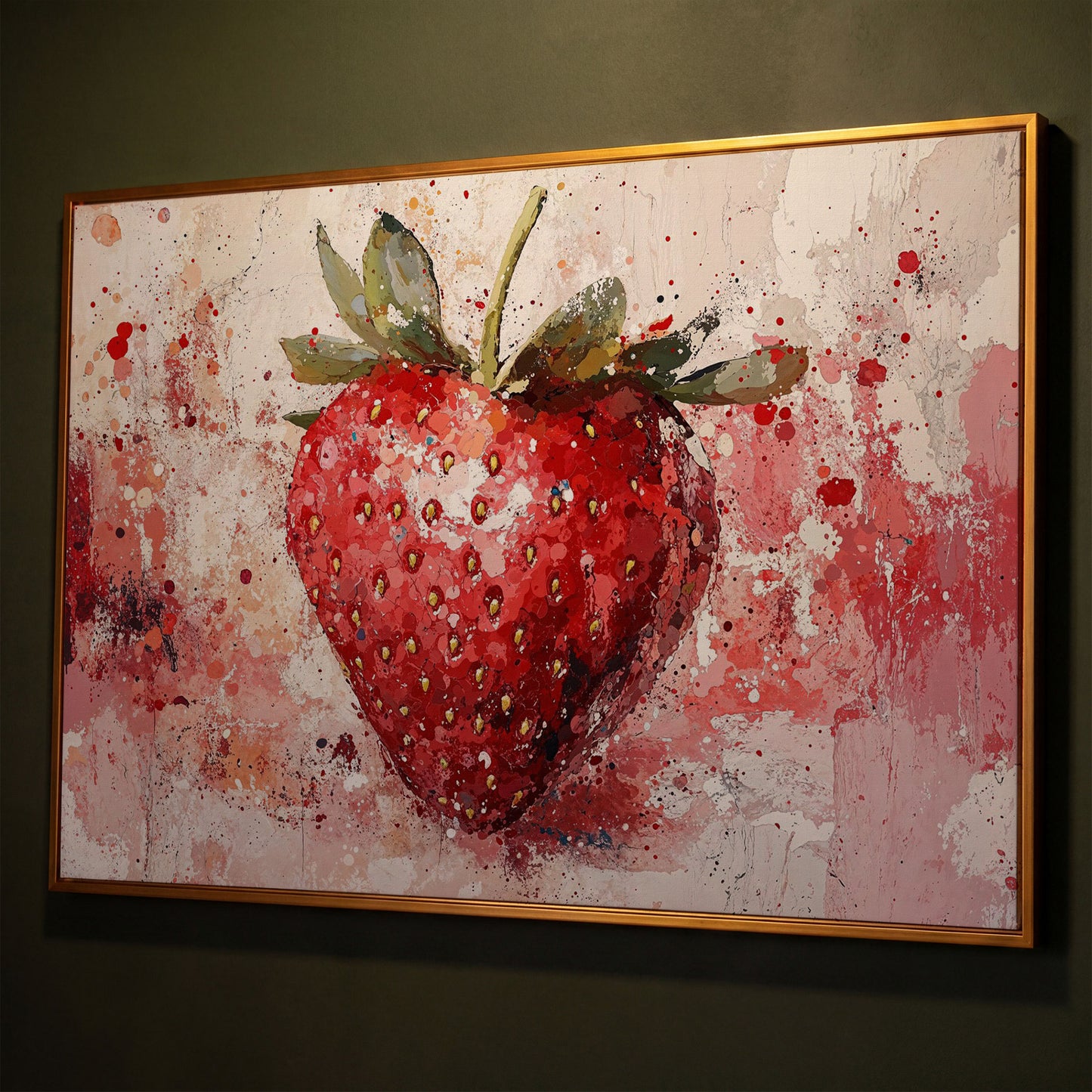 Strawberry Splatter Canvas Print for Kitchen Walls shown in antique gold floating frame