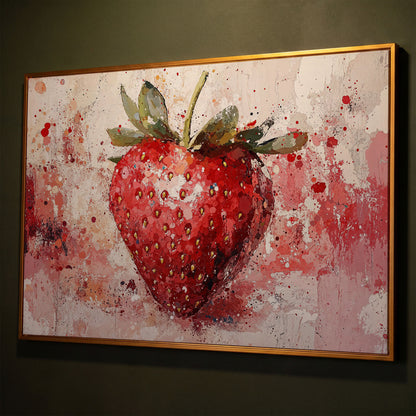 Strawberry Splatter Canvas Print for Kitchen Walls shown in antique gold floating frame