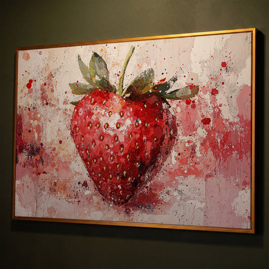 Strawberry Splatter Canvas Print for Kitchen Walls shown in antique gold floating frame