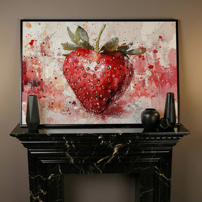 Strawberry Splatter Canvas Print for Kitchen Walls in black floating frame