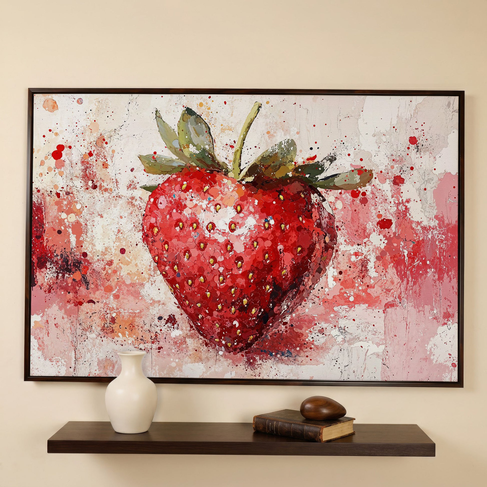 Strawberry Splatter Canvas Print for Kitchen Walls in dark walnut floating frame