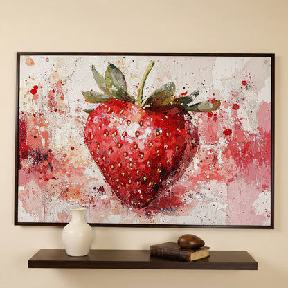 Strawberry Splatter Canvas Print for Kitchen Walls in dark walnut floating frame