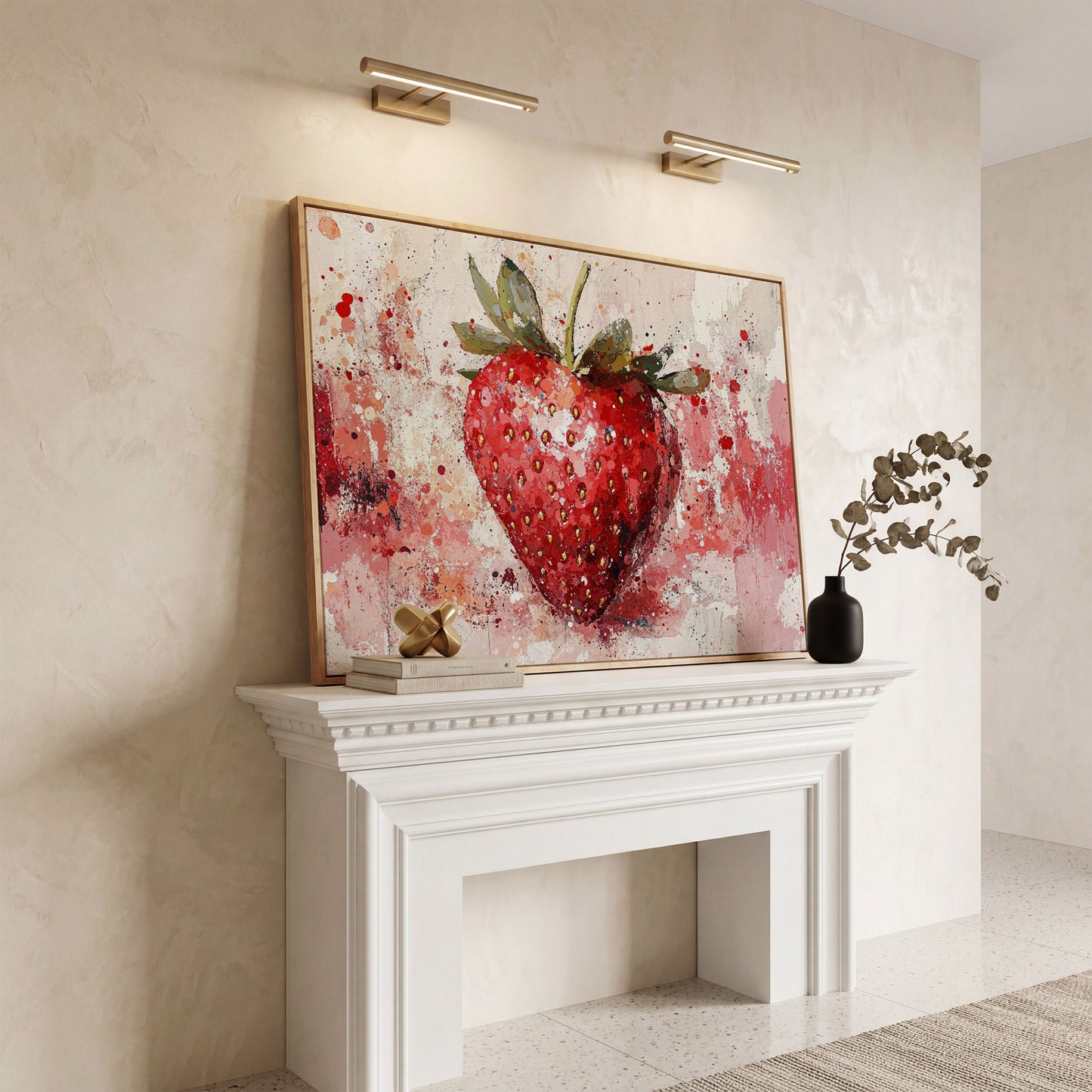 Strawberry Splatter Canvas Print for Kitchen Walls in white oak floating frame