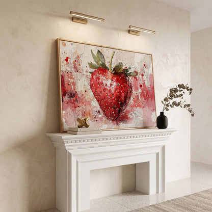 Strawberry Splatter Canvas Print for Kitchen Walls in white oak floating frame