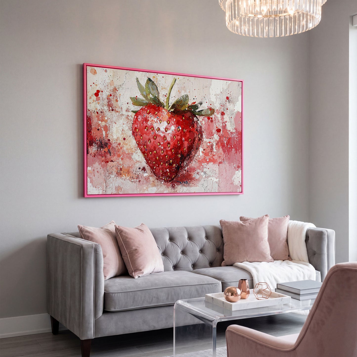 Strawberry Splatter Canvas Print for Kitchen Walls in pink floating frame