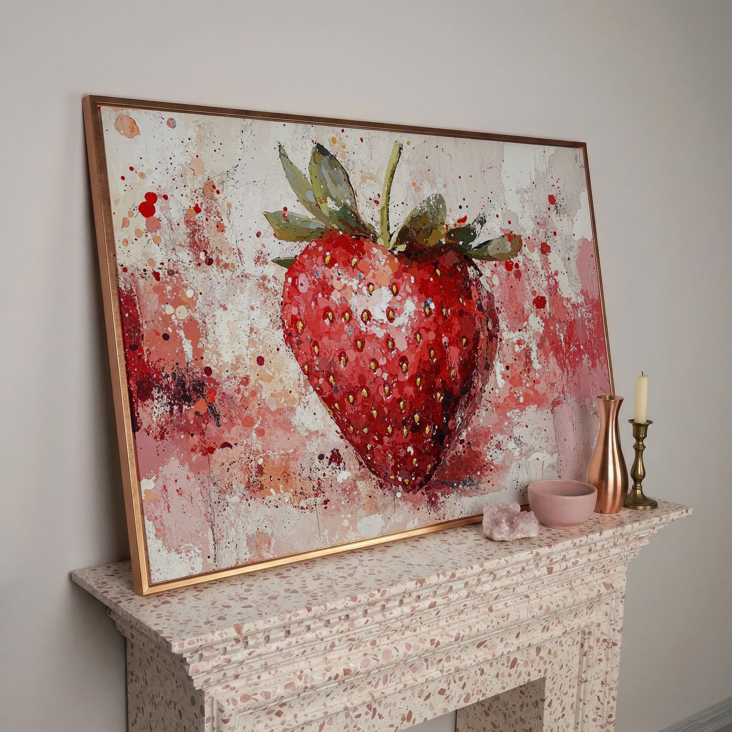 Strawberry Splatter Canvas Print for Kitchen Walls in rose gold floating frame