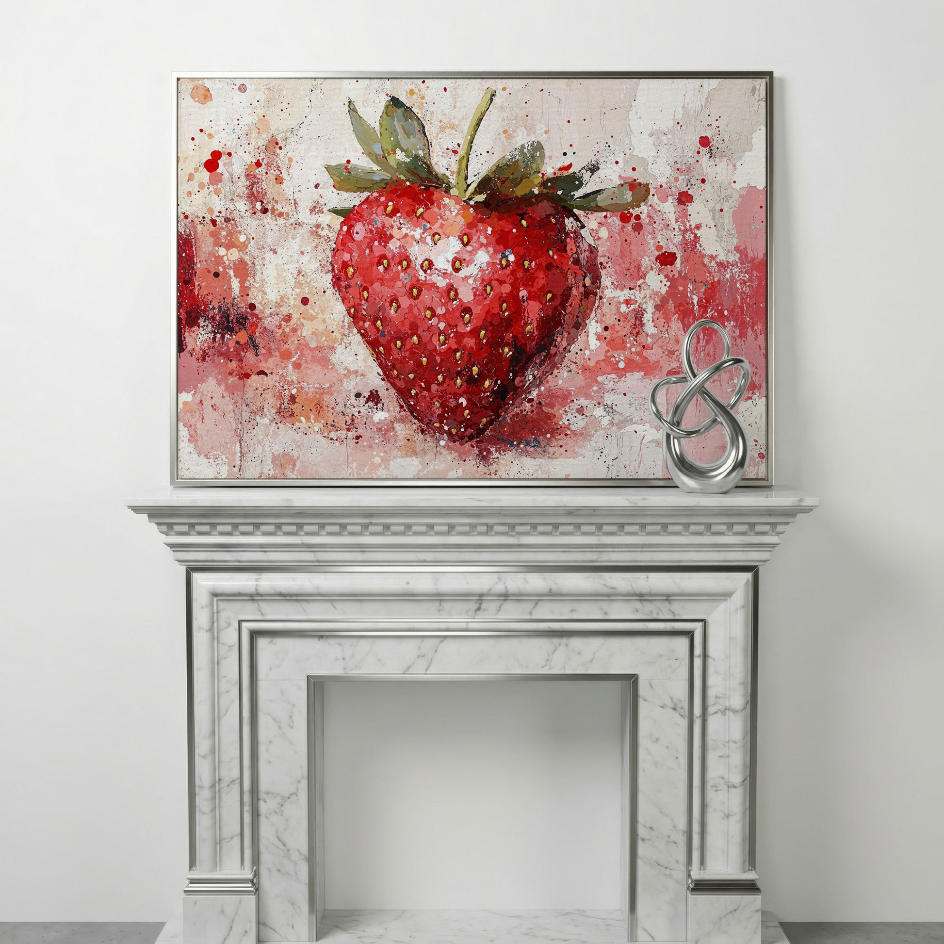 Strawberry Splatter Canvas Print for Kitchen Walls in silver floating frame