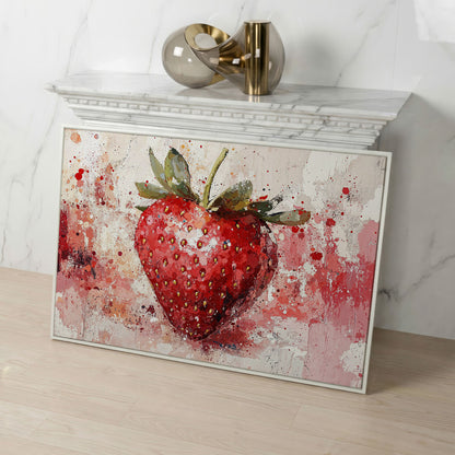 Strawberry Splatter Canvas Print for Kitchen Walls in white floating frame