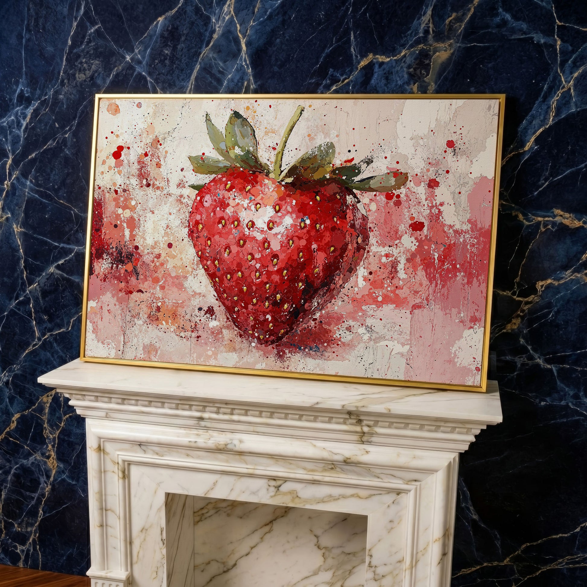 Strawberry Splatter Canvas Print for Kitchen Walls in yellow gold floating frame