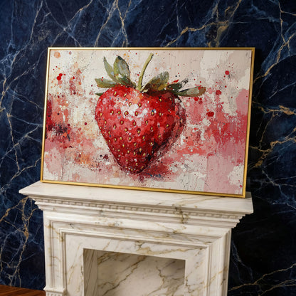 Strawberry Splatter Canvas Print for Kitchen Walls in yellow gold floating frame