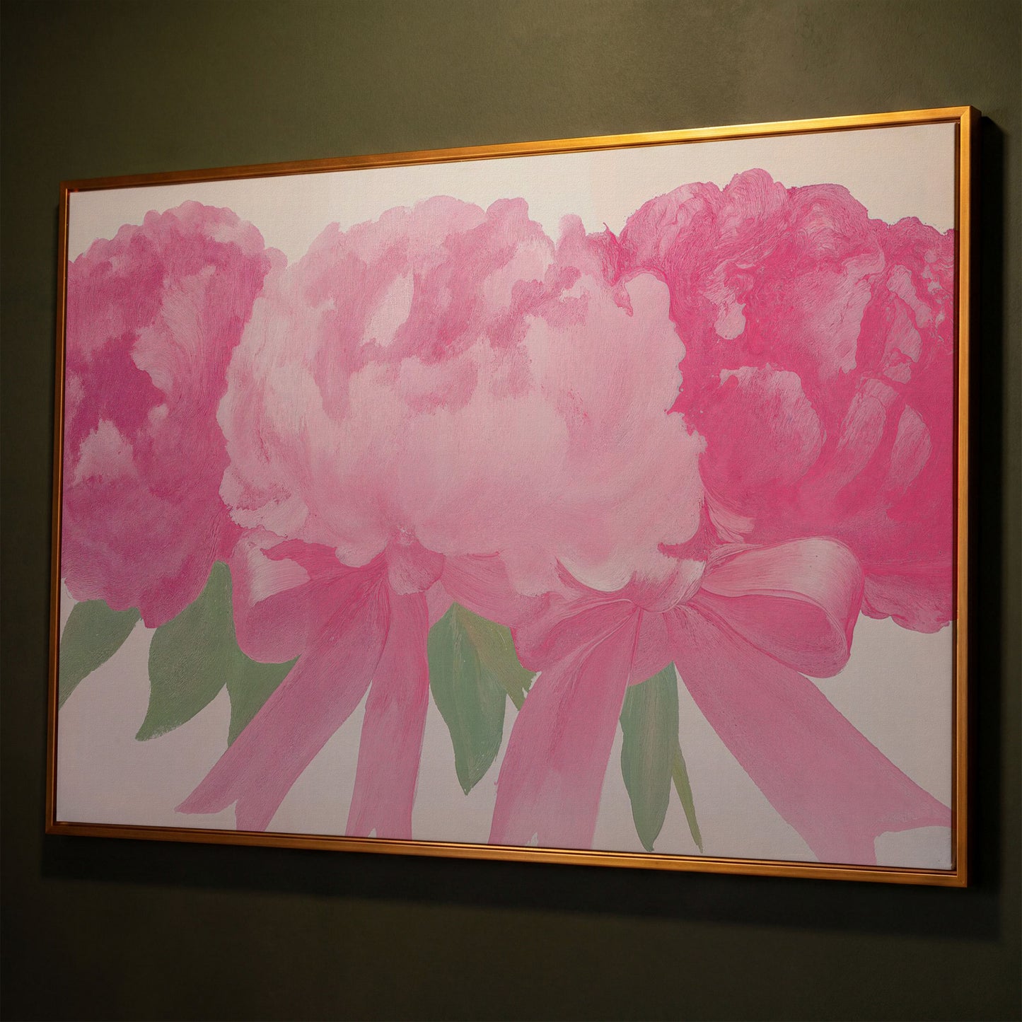 Peony Bouquet Canvas Wall Art shown in antique gold floating frame