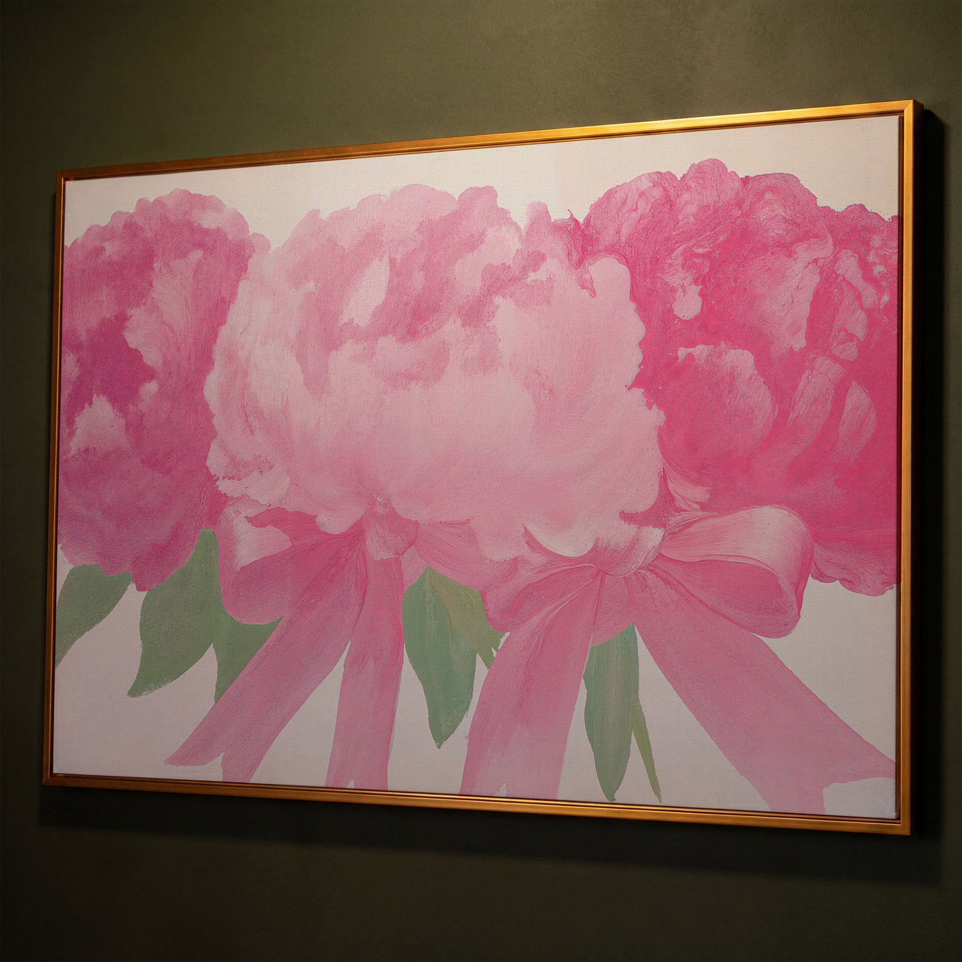 Peony Bouquet Canvas Wall Art shown in antique gold floating frame