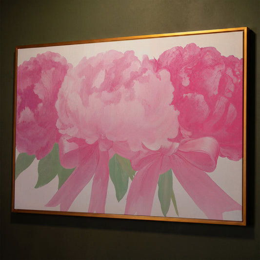 Peony Bouquet Canvas Wall Art shown in antique gold floating frame