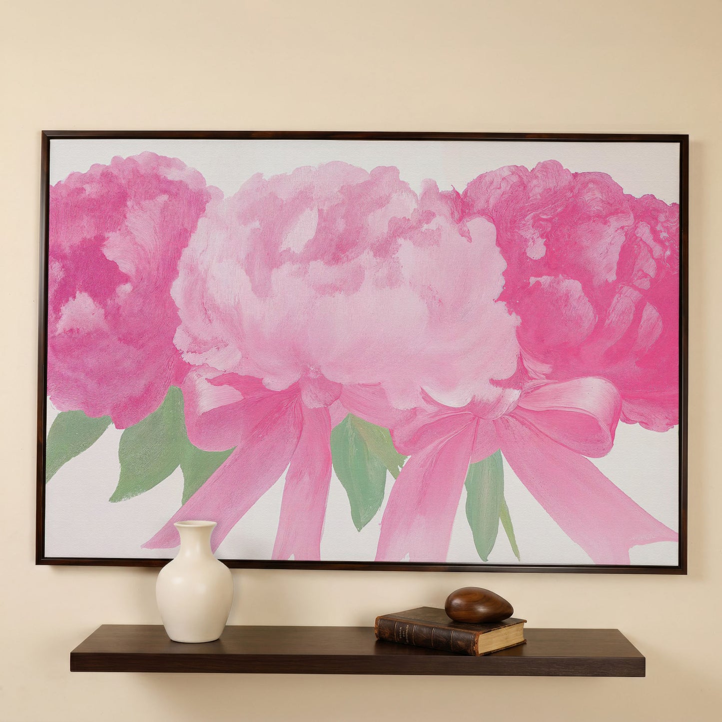 Peony Bouquet Canvas Wall Art in dark walnut floating frame