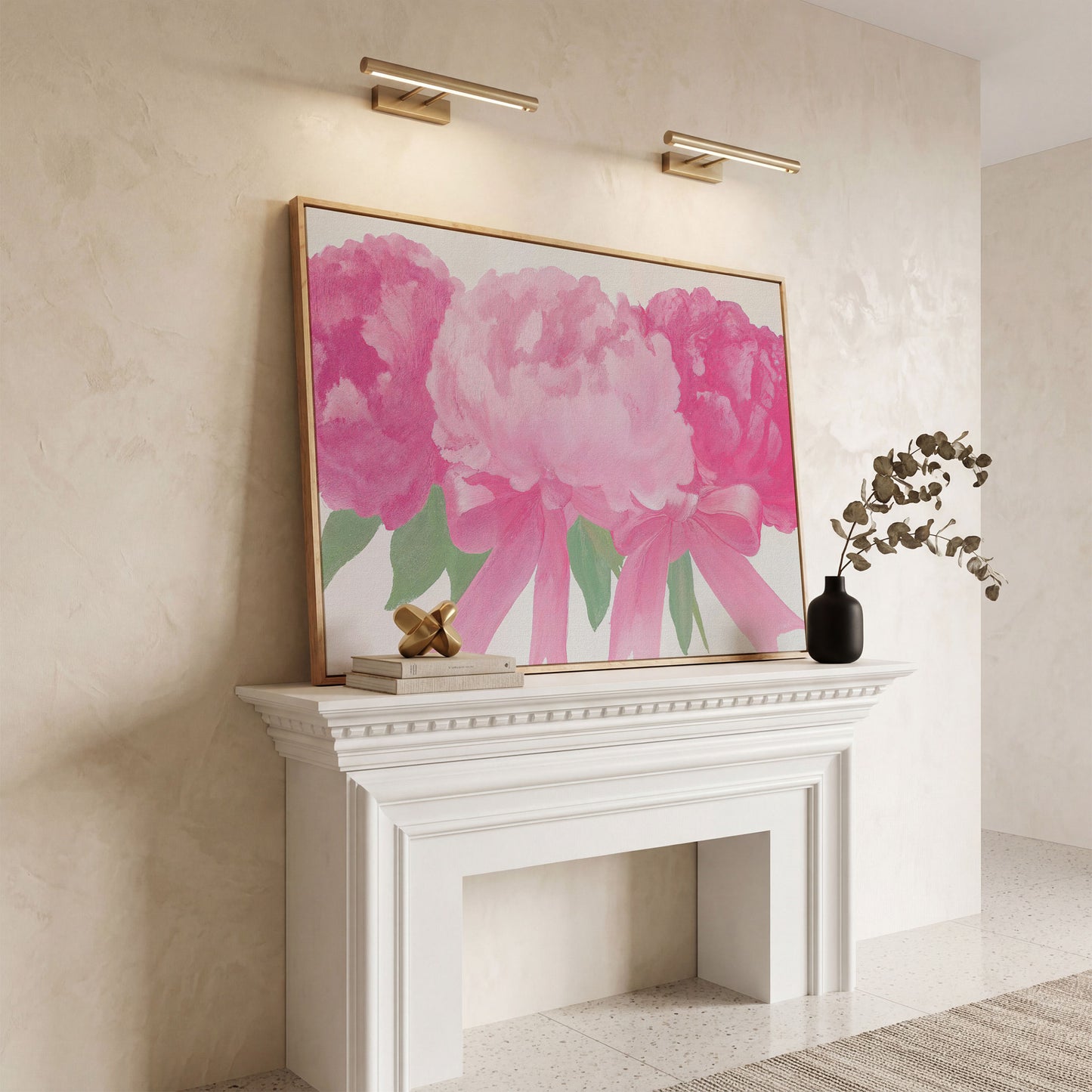 Peony Bouquet Canvas Wall Art in white oak floating frame