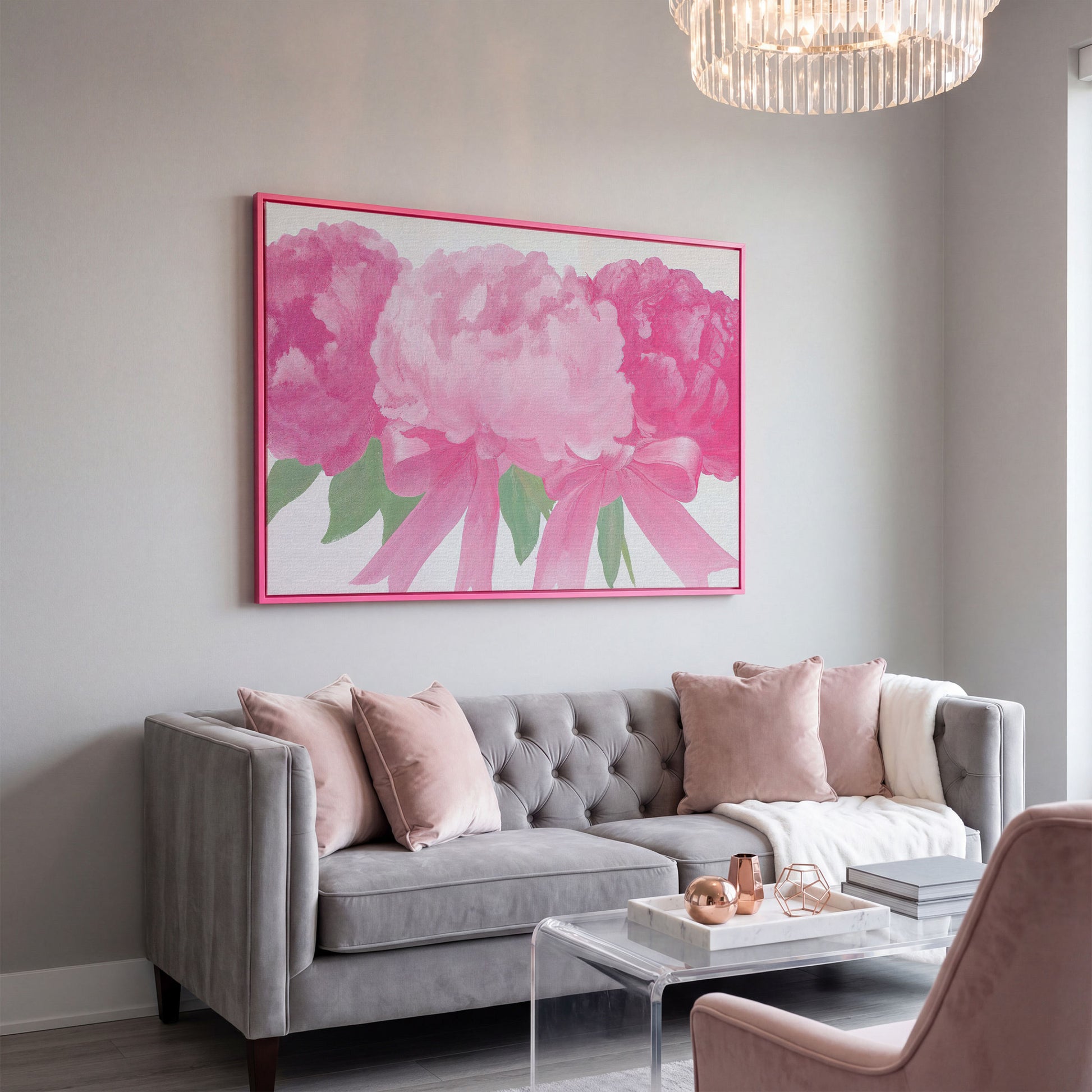 Peony Bouquet Canvas Wall Art in pink floating frame