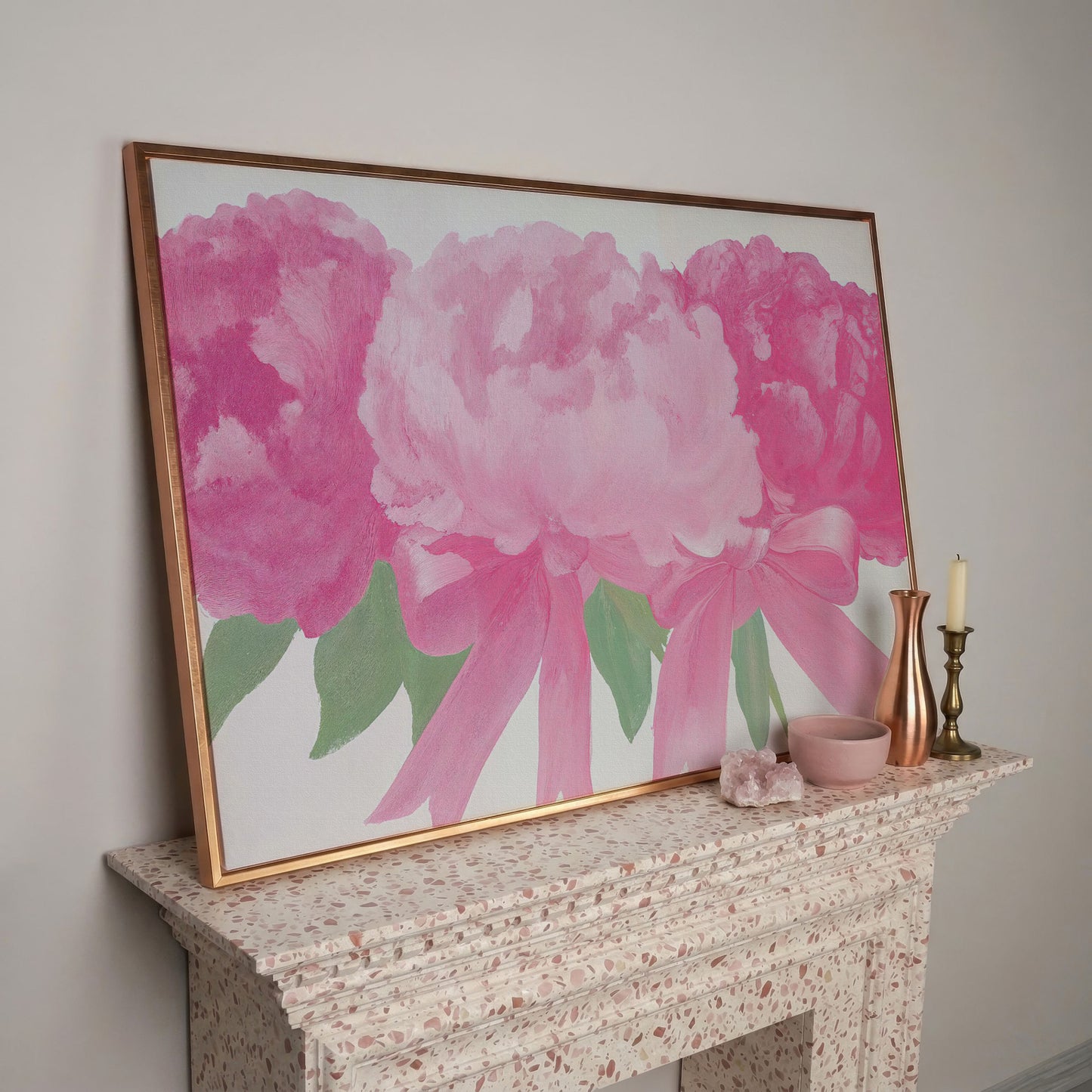 Peony Bouquet Canvas Wall Art in rose gold floating frame