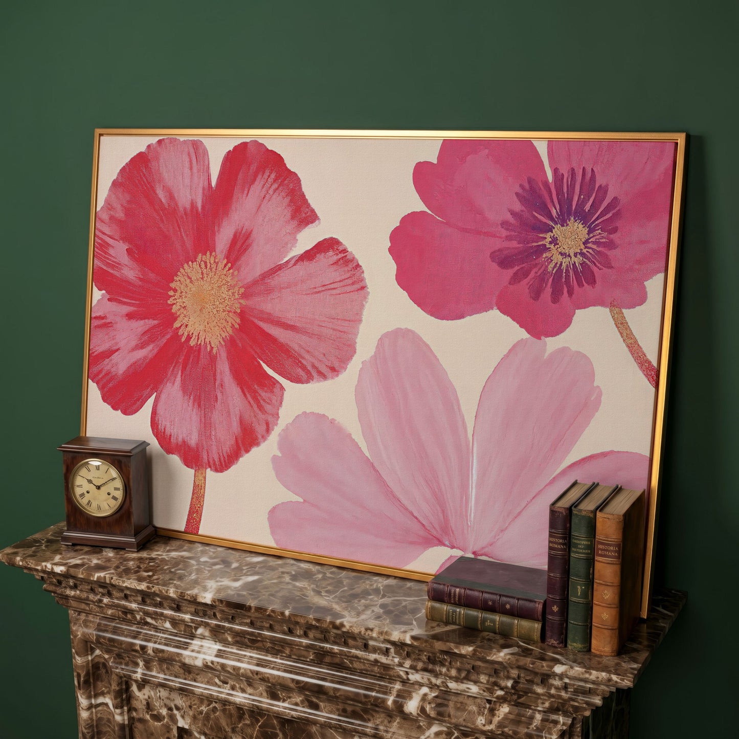 Pastel Botanical Canvas Print with Pink Blooms in antique gold floating frame