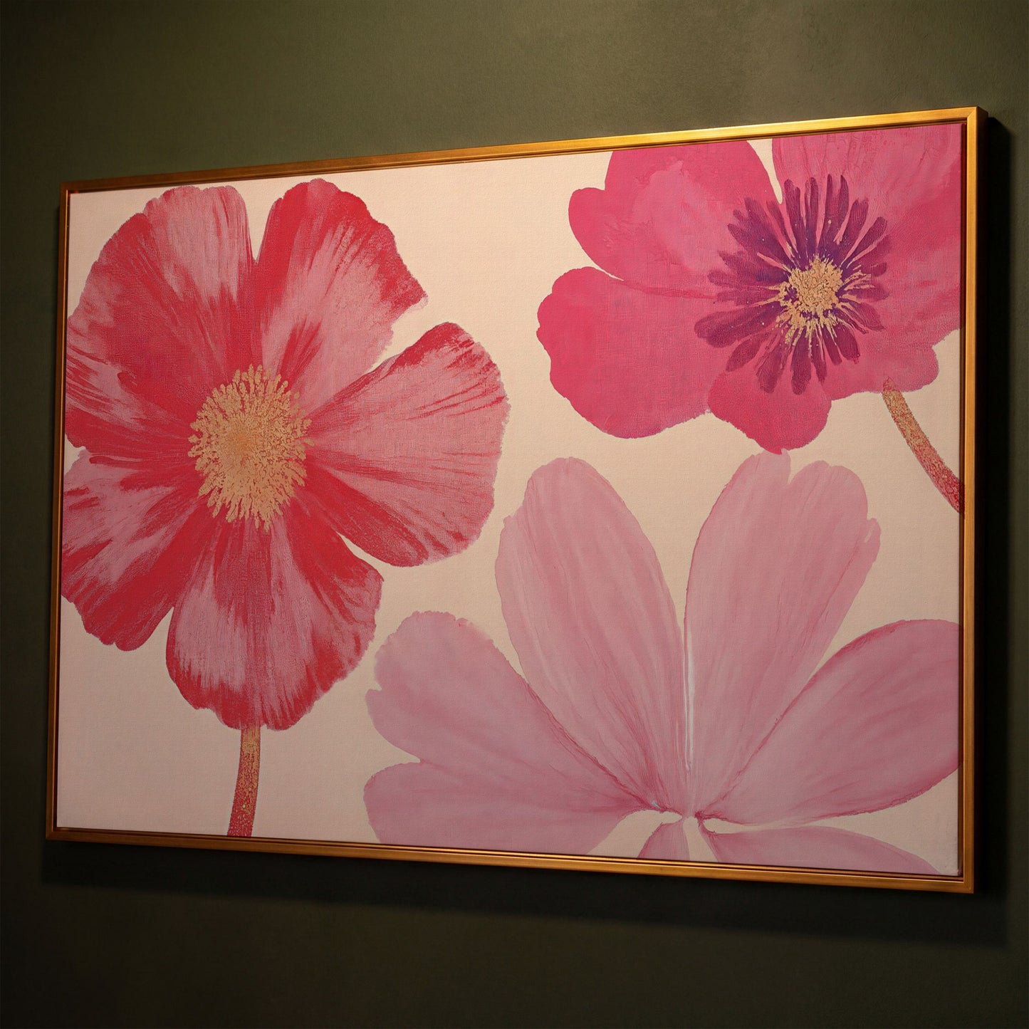 Pastel Botanical Canvas Print with Pink Blooms shown in antique gold floating frame