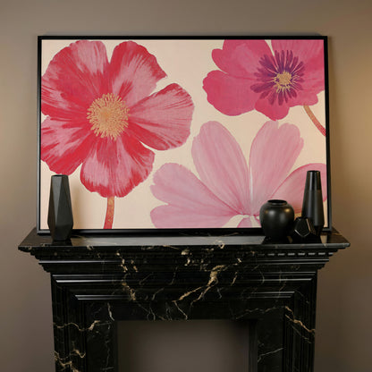 Pastel Botanical Canvas Print with Pink Blooms in black floating frame