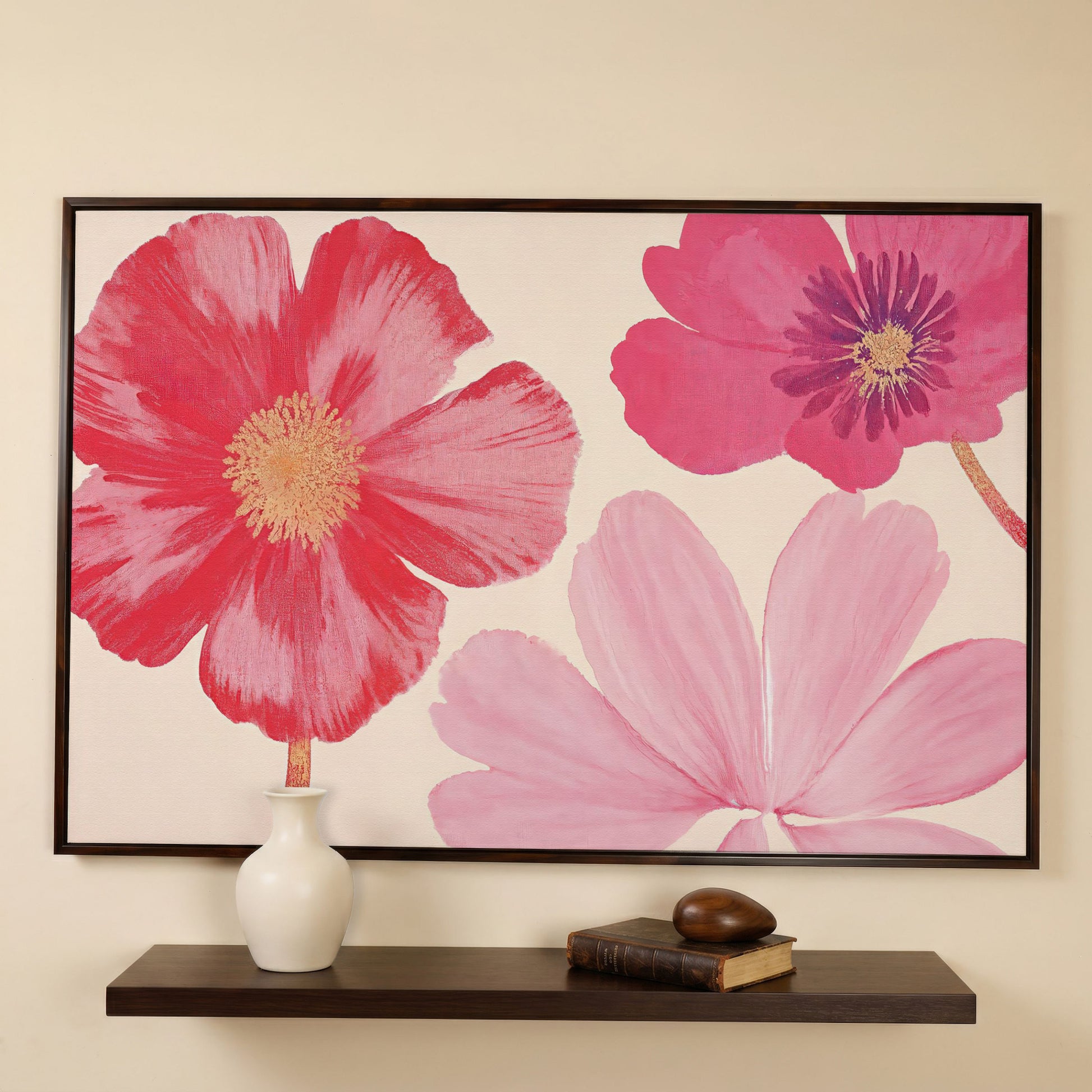 Pastel Botanical Canvas Print with Pink Blooms in dark walnut floating frame