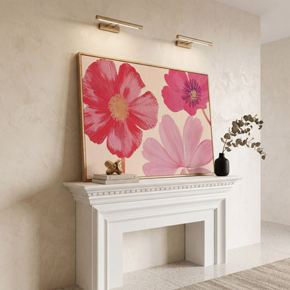 Pastel Botanical Canvas Print with Pink Blooms in white oak floating frame