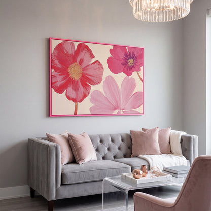 Pastel Botanical Canvas Print with Pink Blooms in pink floating frame