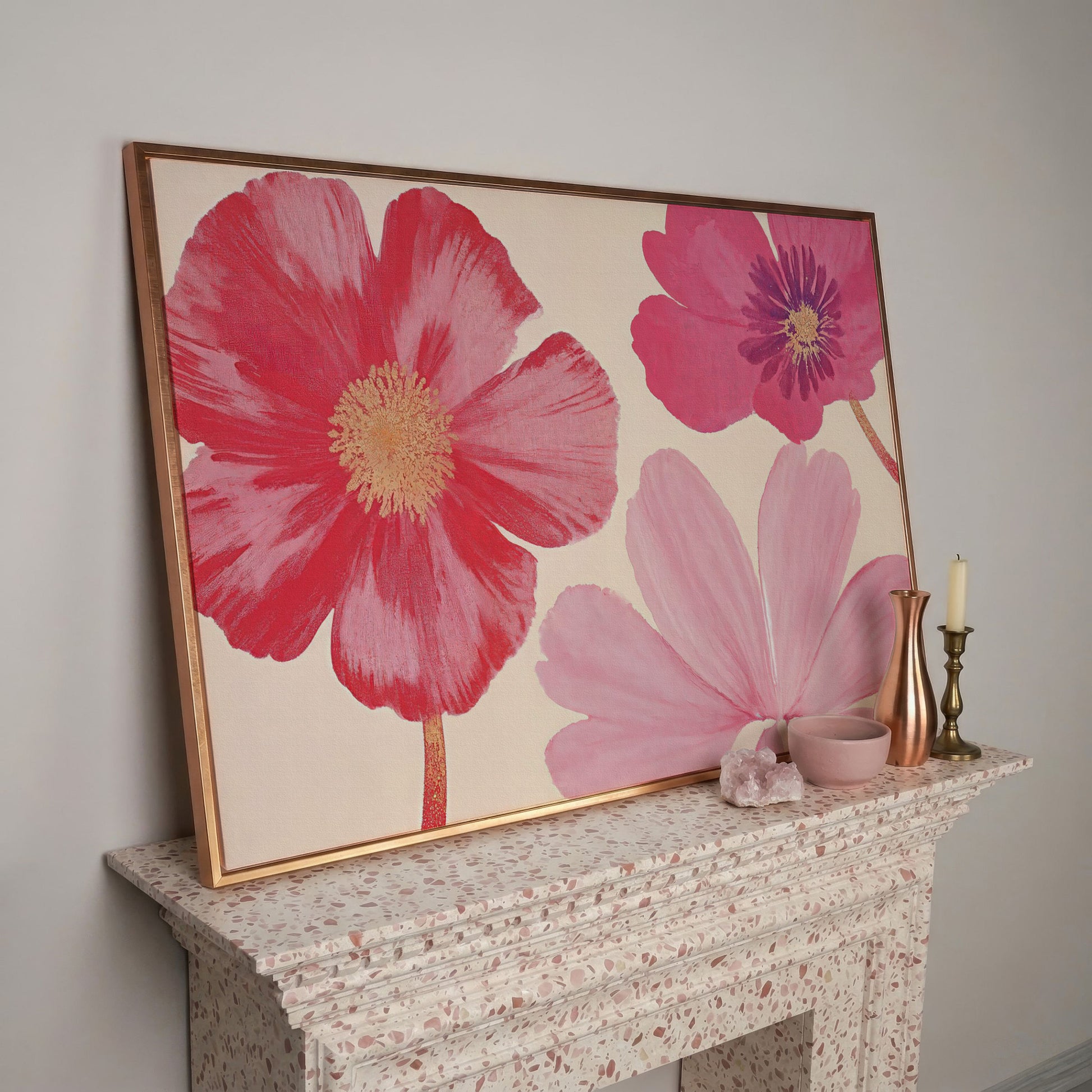 Pastel Botanical Canvas Print with Pink Blooms in rose gold floating frame