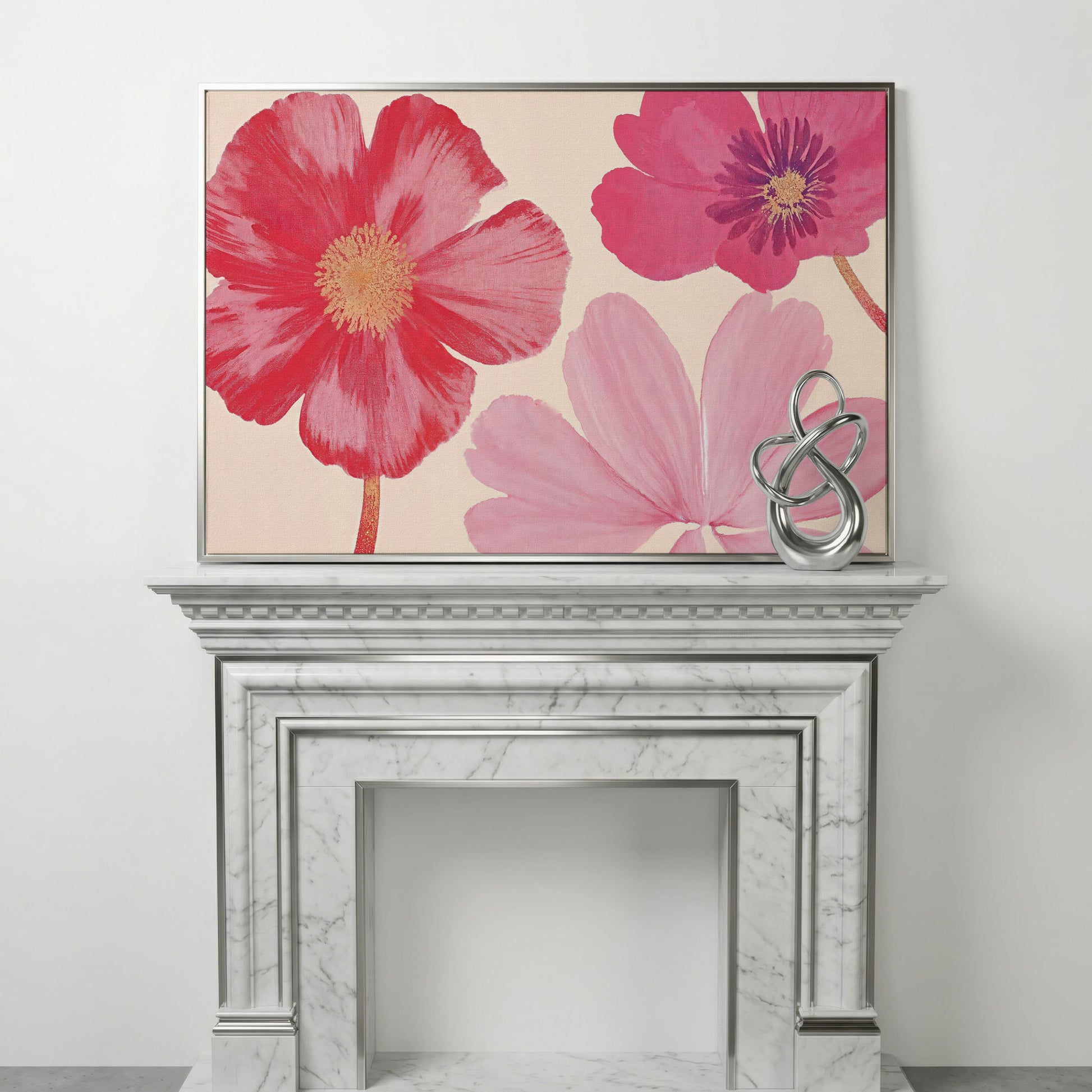 Pastel Botanical Canvas Print with Pink Blooms in silver floating frame
