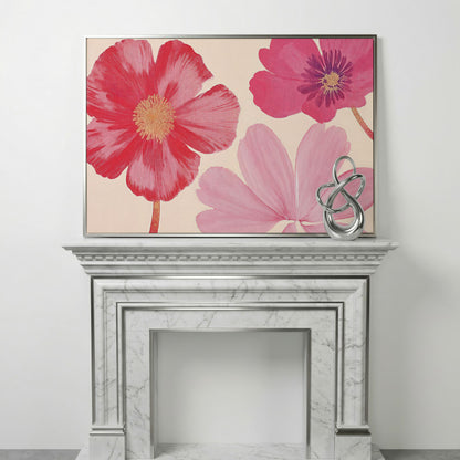 Pastel Botanical Canvas Print with Pink Blooms in silver floating frame