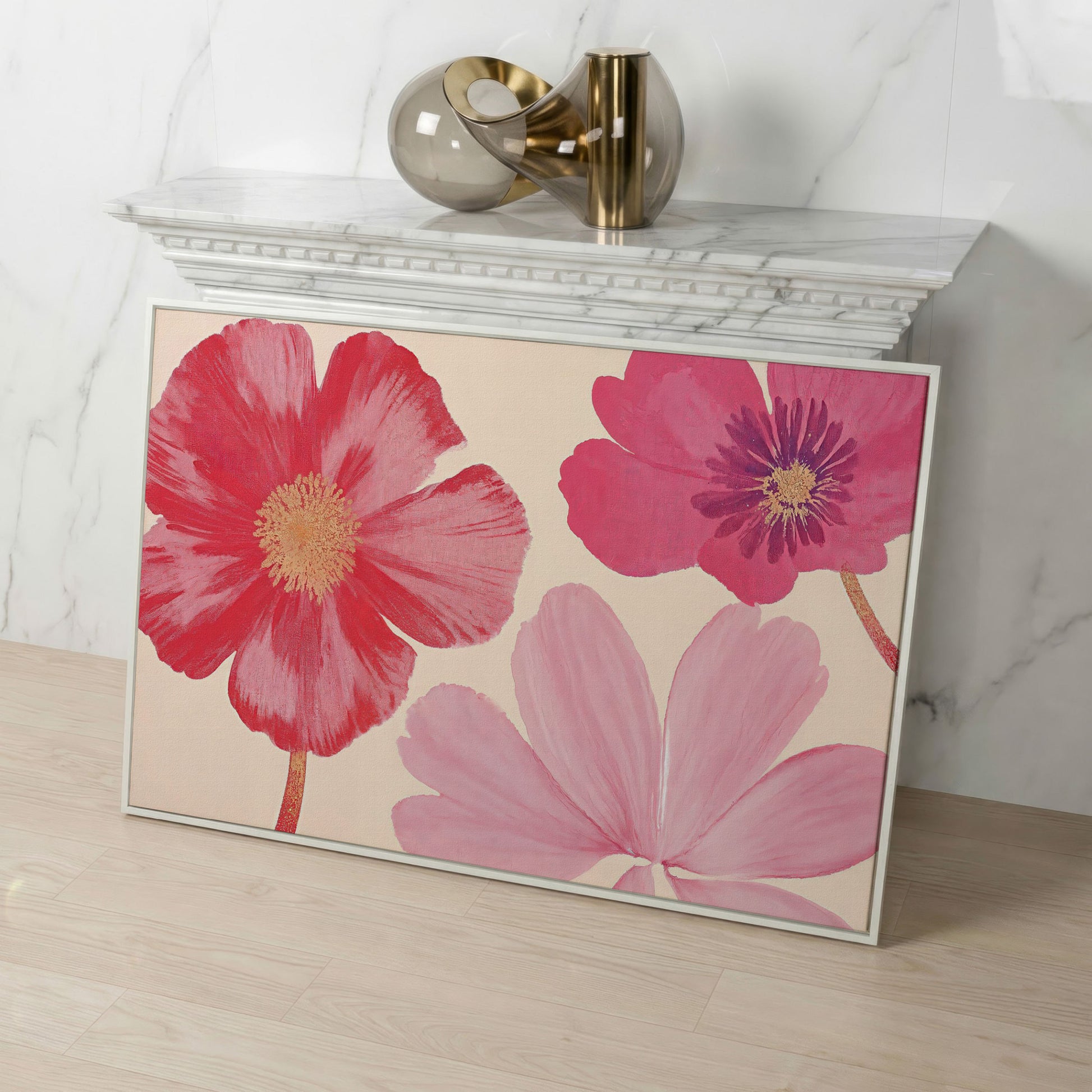 Pastel Botanical Canvas Print with Pink Blooms in white floating frame
