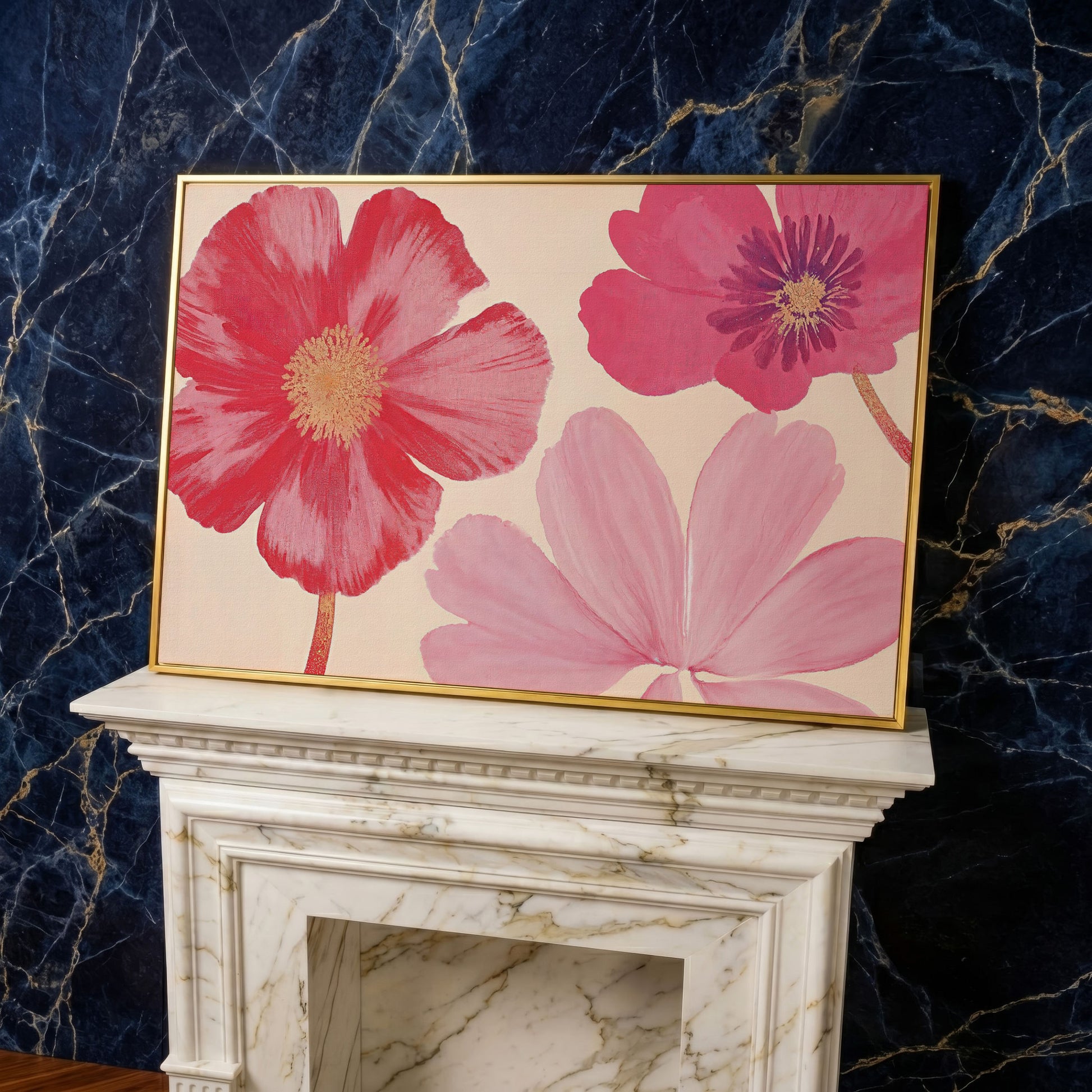 Pastel Botanical Canvas Print with Pink Blooms in yellow gold floating frame