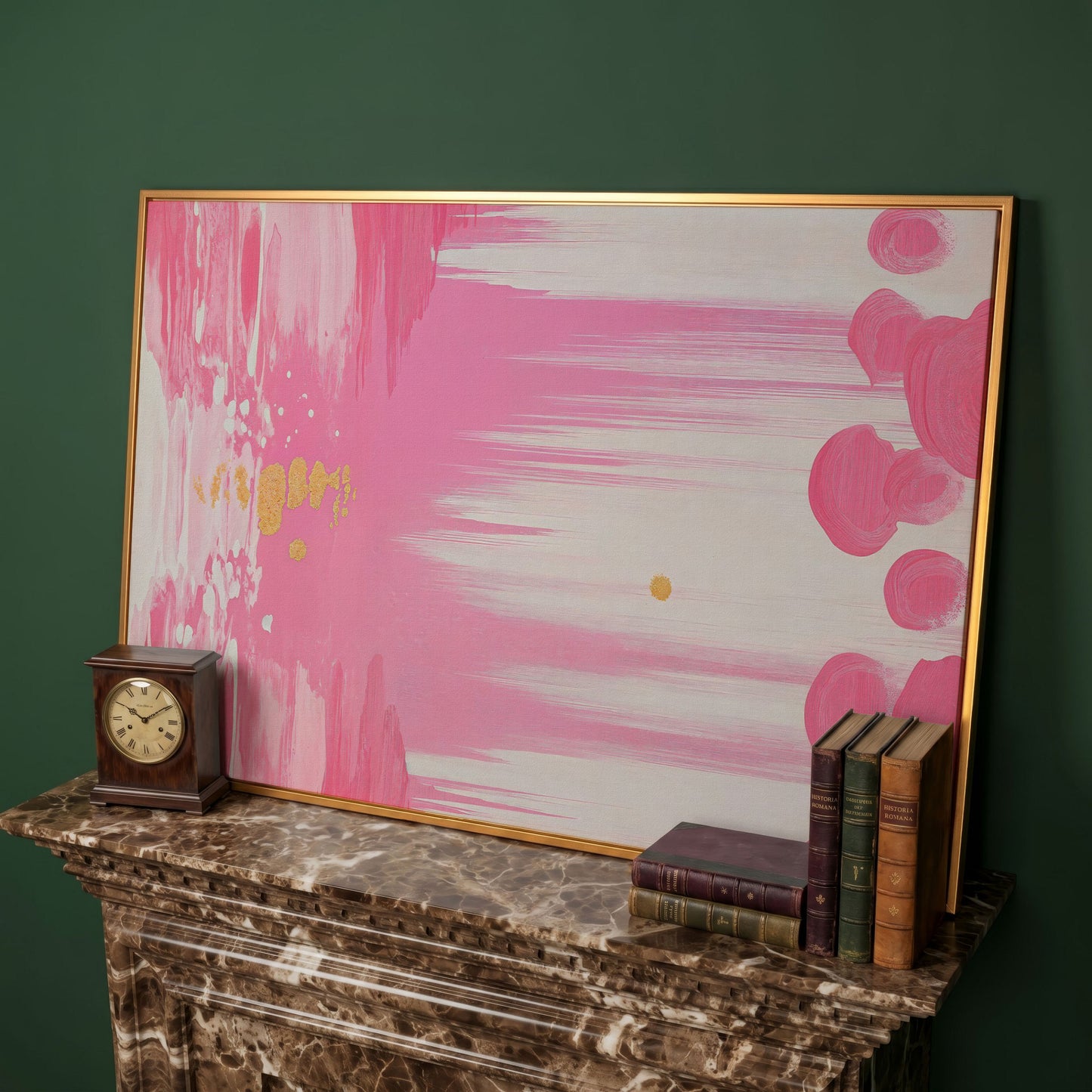 Abstract Pink and Gold Brush Strokes Canvas in antique gold floating frame
