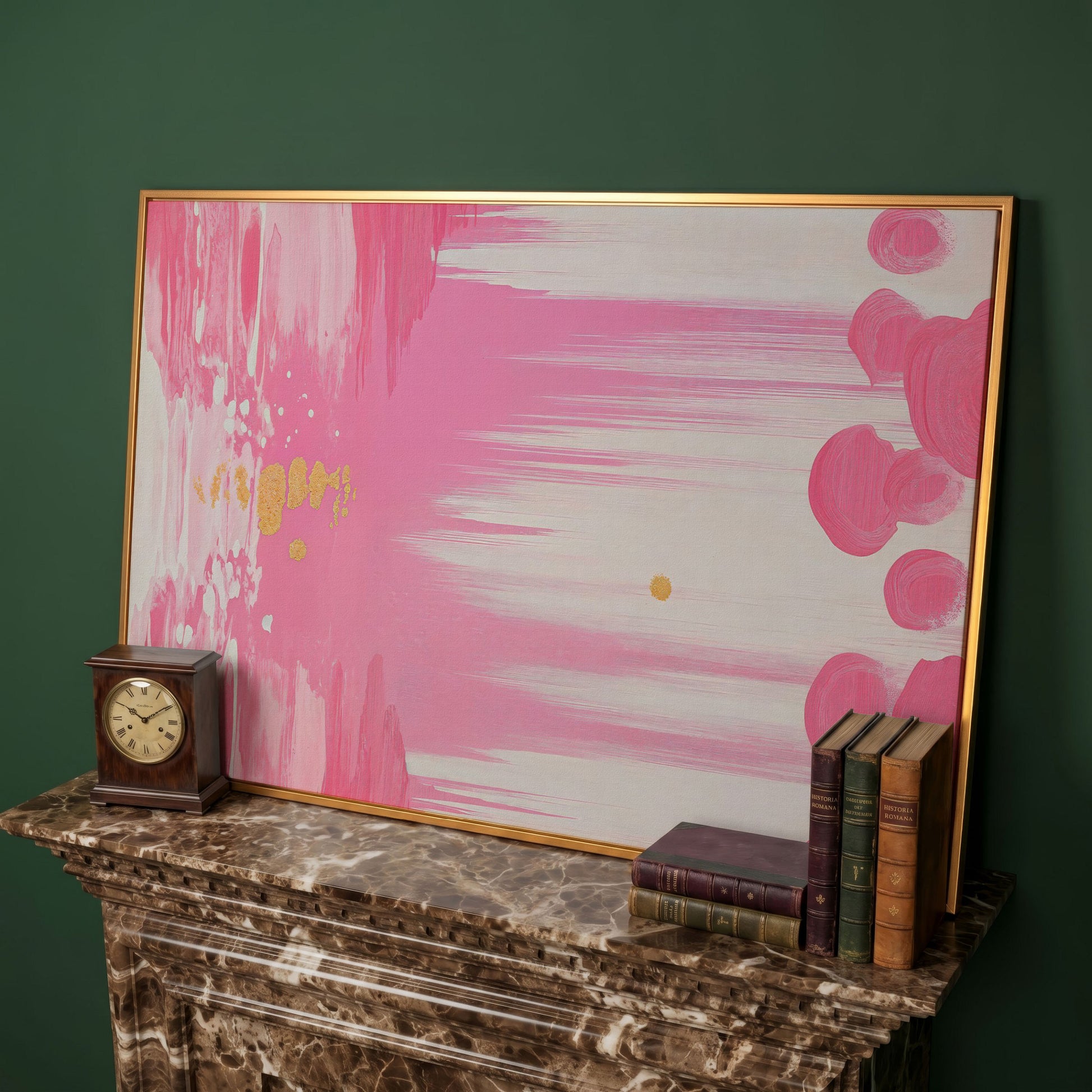 Abstract Pink and Gold Brush Strokes Canvas in antique gold floating frame