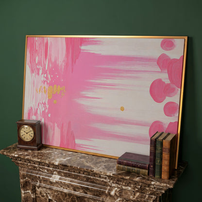 Abstract Pink and Gold Brush Strokes Canvas in antique gold floating frame