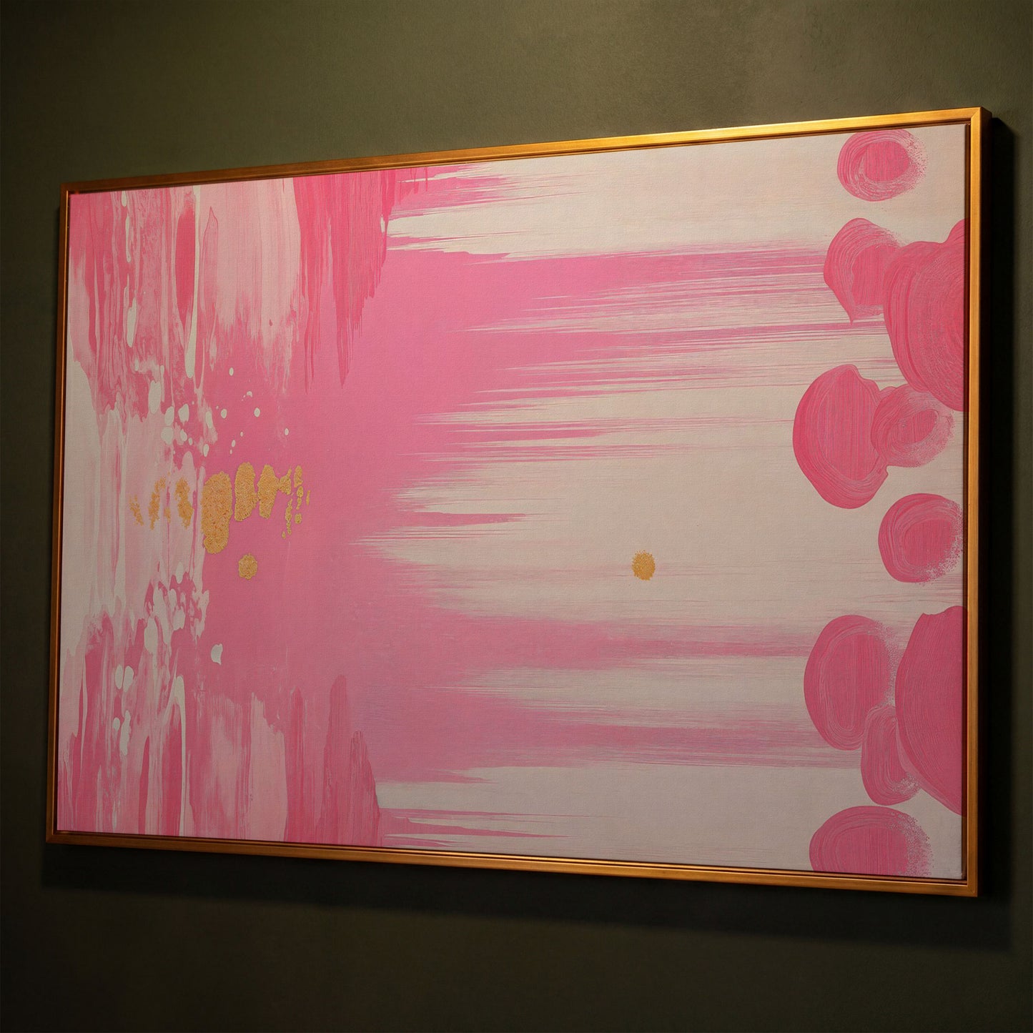 Abstract Pink and Gold Brush Strokes Canvas shown in antique gold floating frame