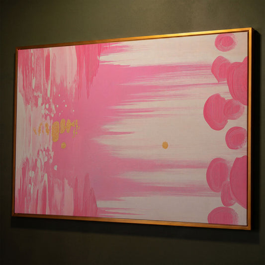 Abstract Pink and Gold Brush Strokes Canvas shown in antique gold floating frame