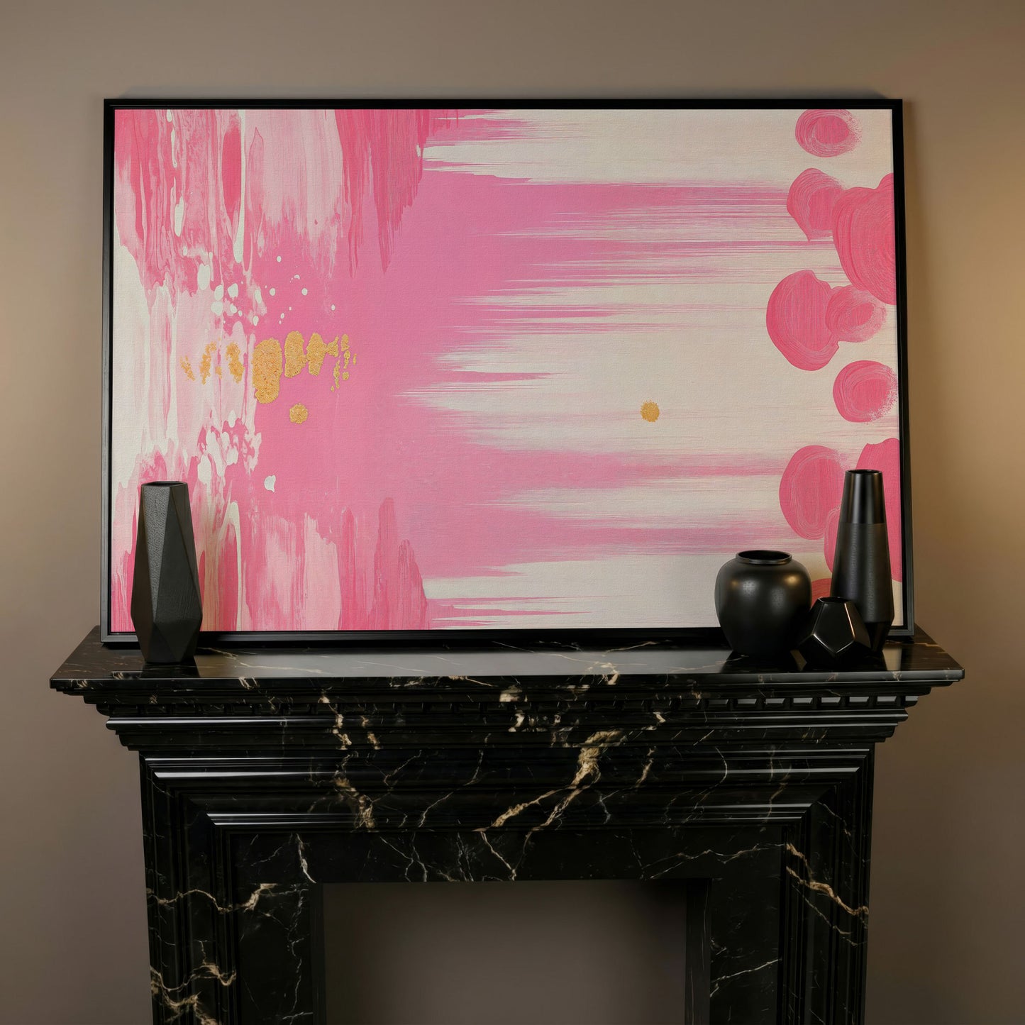 Abstract Pink and Gold Brush Strokes Canvas in black floating frame