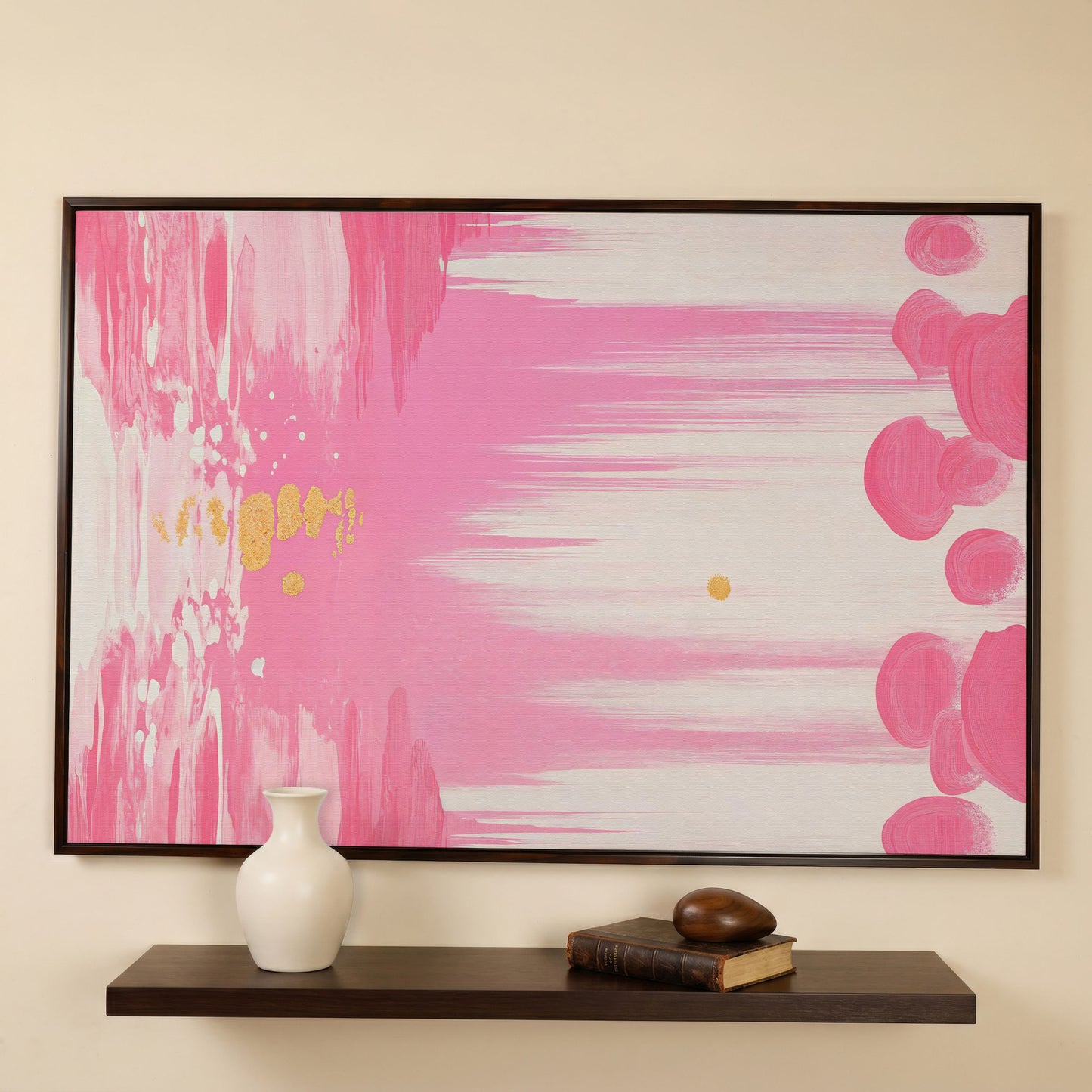 Abstract Pink and Gold Brush Strokes Canvas in dark walnut floating frame