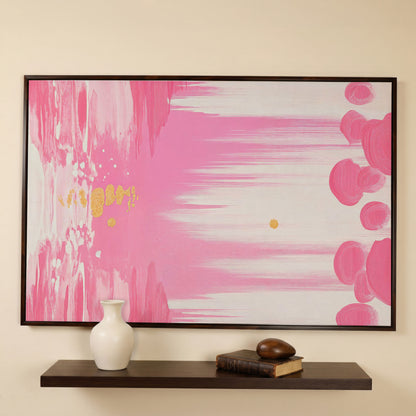 Abstract Pink and Gold Brush Strokes Canvas in dark walnut floating frame