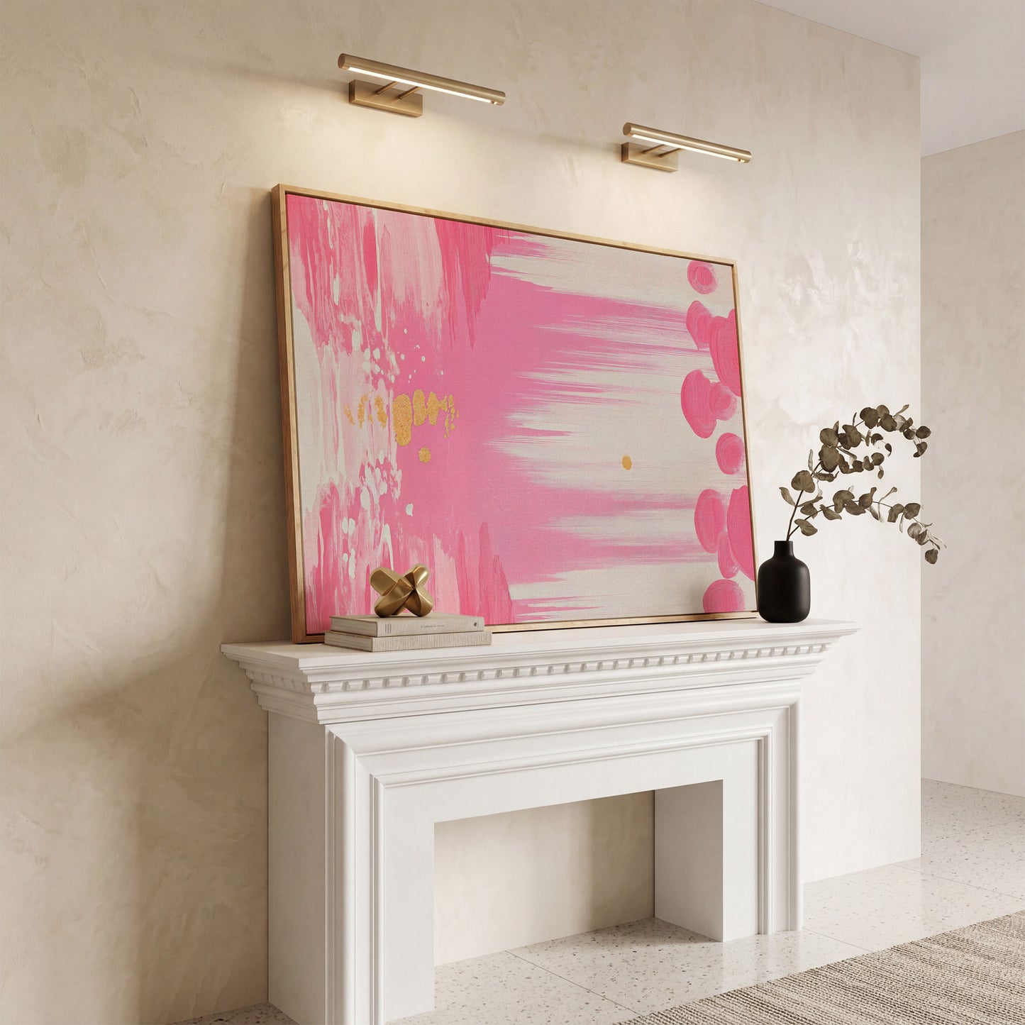 Abstract Pink and Gold Brush Strokes Canvas in white oak floating frame