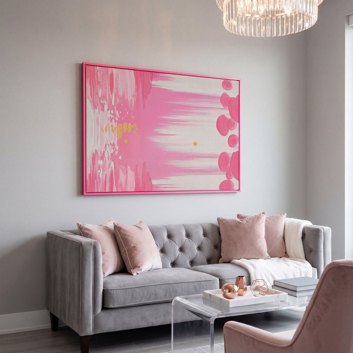 Abstract Pink and Gold Brush Strokes Canvas in pink floating frame