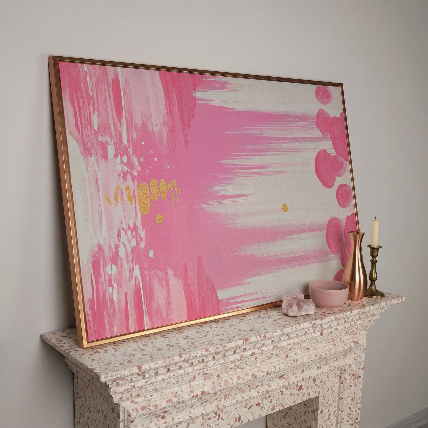 Abstract Pink and Gold Brush Strokes Canvas in rose gold floating frame